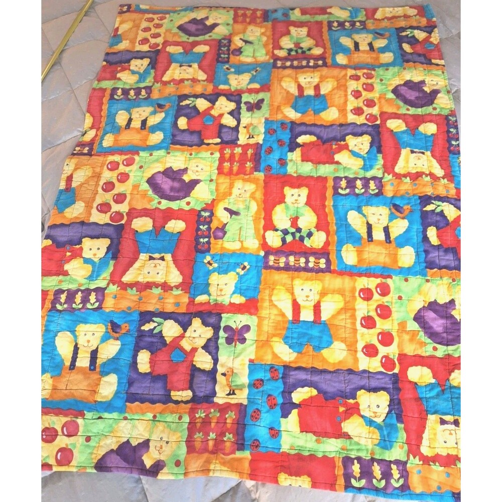 Childs Hand Made BEARS n BUTTERFLIES Baby Crib Quilt Blanket 48" x 36"